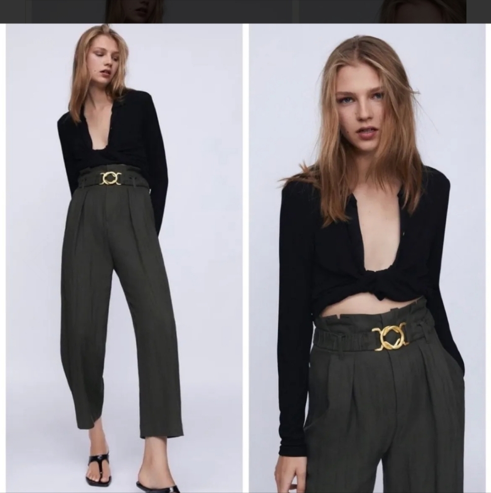 Zara Pleated High Waist Belted Trouser Pant Dark Grey